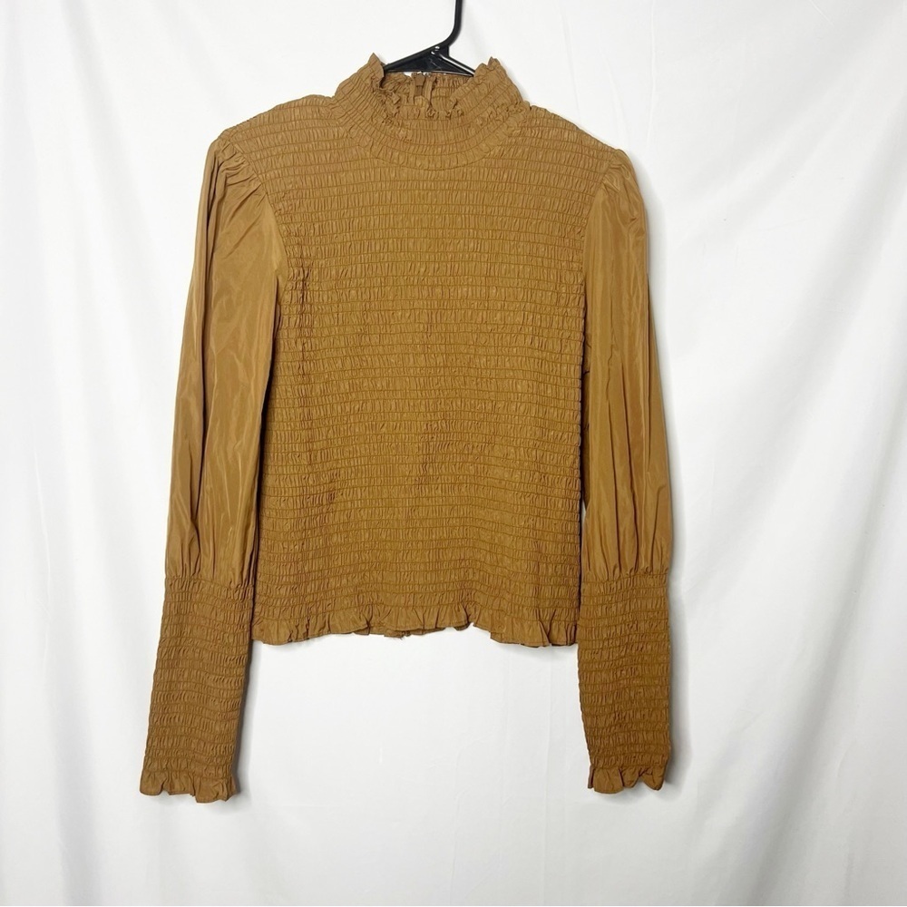 Veronica Beard Elsmere Smocked High Neck Long Sleeve Top